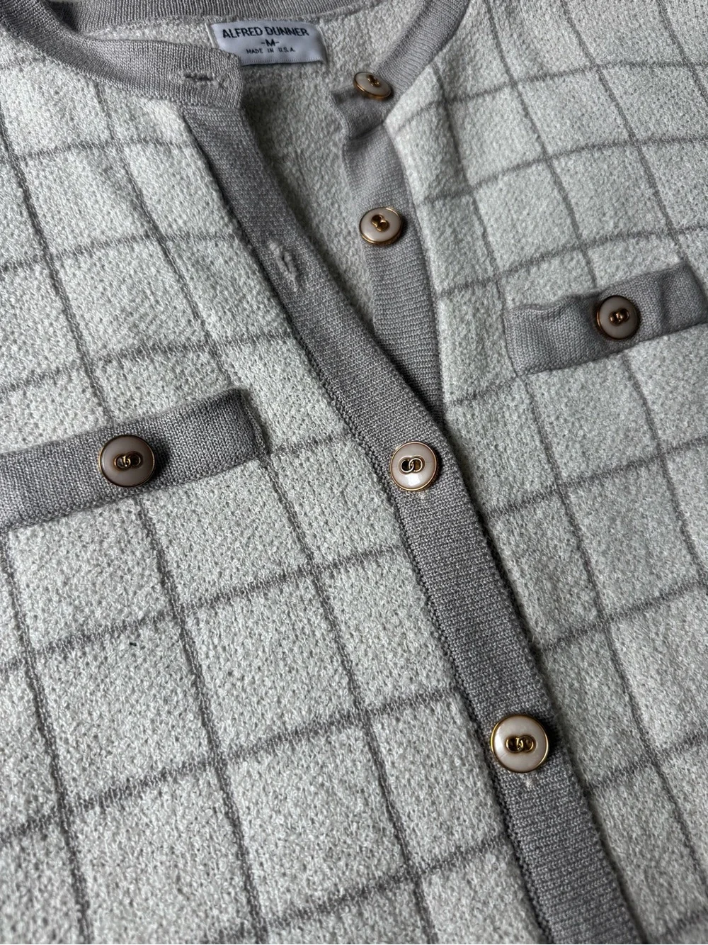 Alfred Dunner Cream and Gray Grid Short-Sleeve Button Cardigan